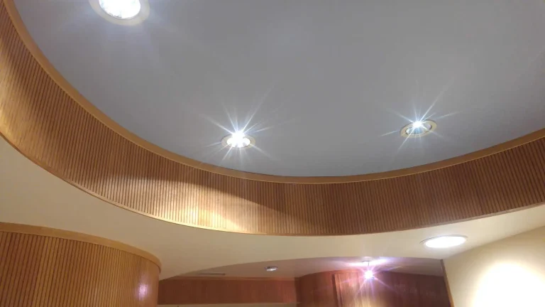 Surfacing Solution | Thermally modified wide plank wood panels curve across the ceiling, accented by evenly spaced recessed lighting in a modern interior