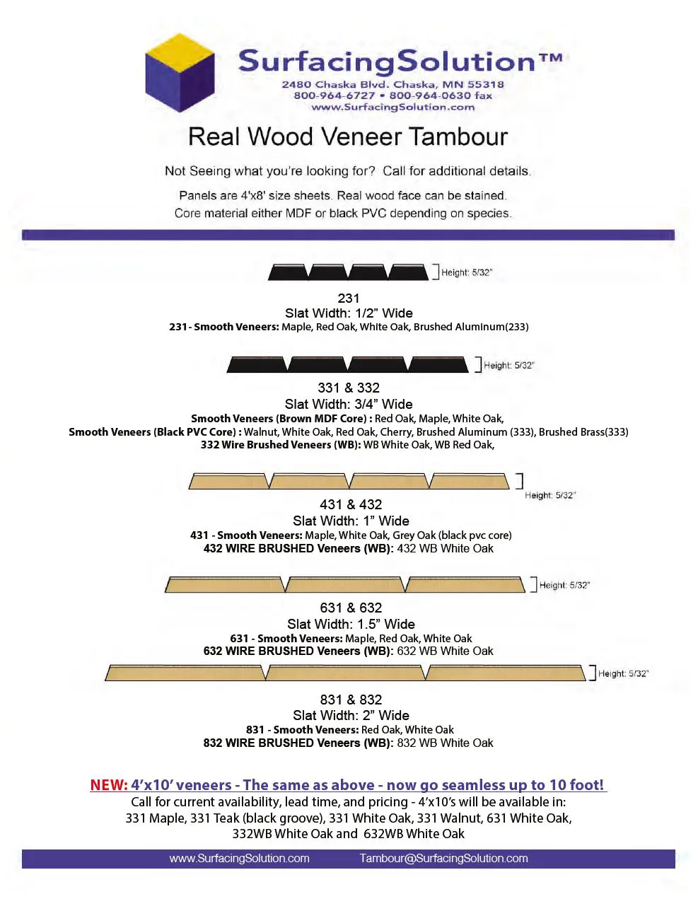 Surfacing Solution | SurfacingSolution chart displays real wood veneer tambour for wall panels in 1 1/8, 1 5/8, and 1 13/16 inch sizes with color options.