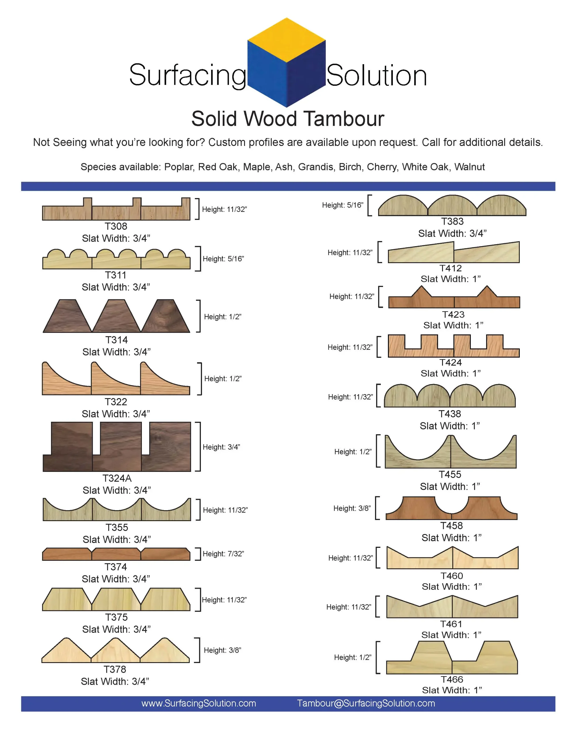 Surfacing Solution | Chart displays 16 tambour wood panels with specs and wood types, Surfacing Solution logo; ideal for custom architectural wall panels.