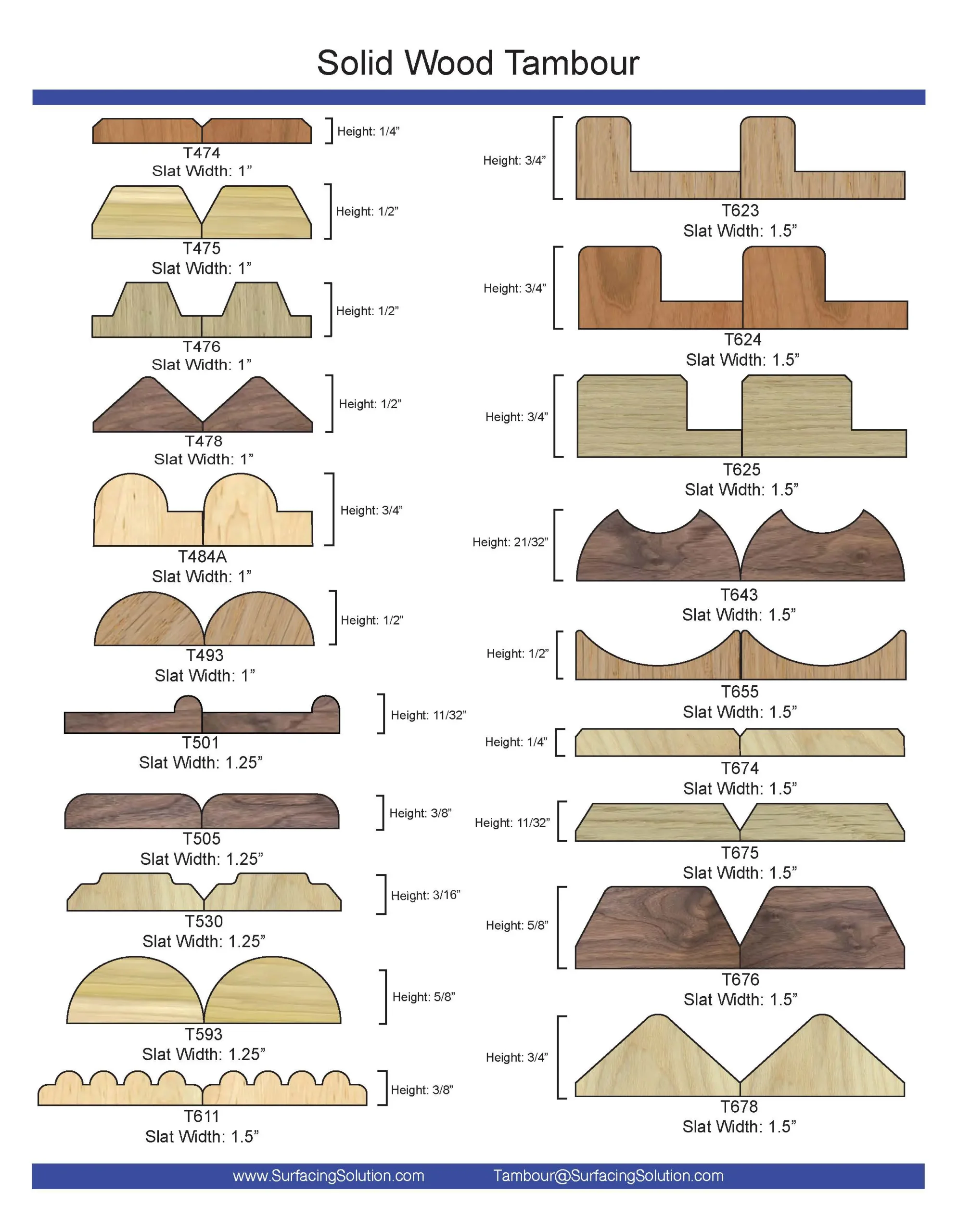 Surfacing Solution | Solid wood tambour moldings chart showing 15 profiles, finishes, heights, and slat widths for wall panel applications.