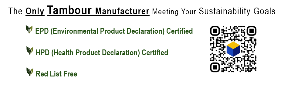 Surfacing Solution | Sustainable tambour panels banner with plant icons, EPD/HPD certified, Red List Free, QR code, and Surfacing Solution cube logo.