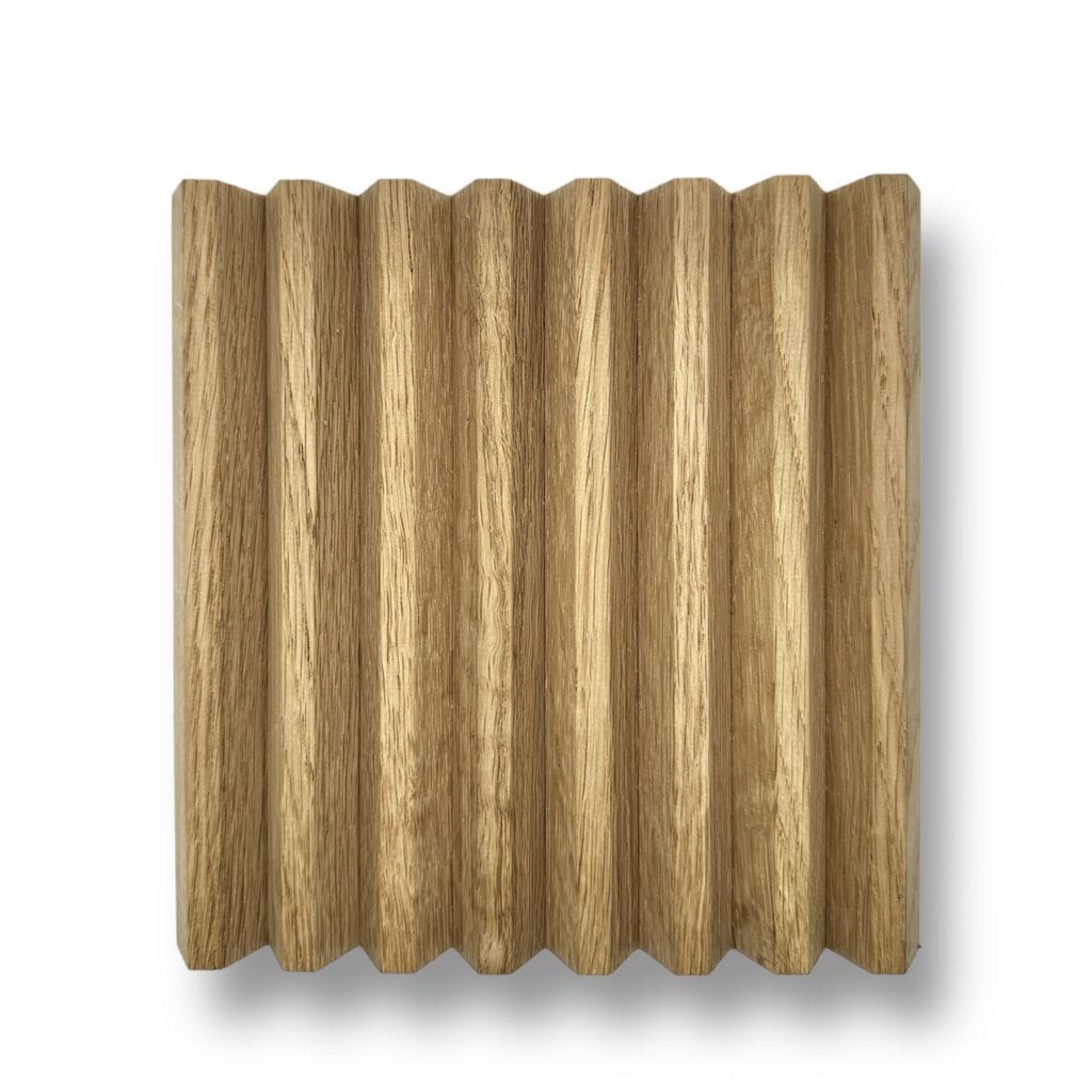 White oak tambour panel with evenly spaced wavy ridges, shown on a plain white background. Ideal for modern architectural applications. | Custom tambour and architectural wood specialists
