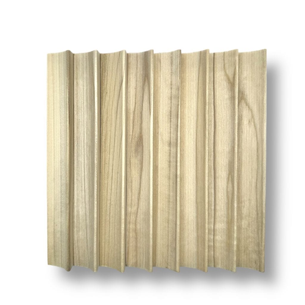Wide plank wood wall panel with wavy, vertical fluted texture in light wood, perfect for modern interiors. | Custom tambour and architectural wood specialists