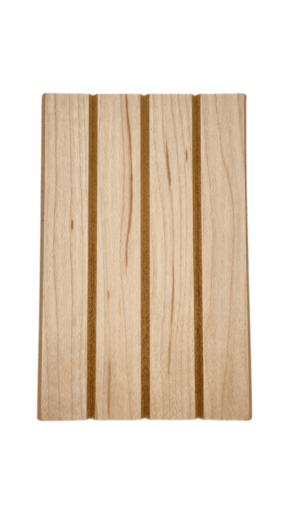 White oak tambour trivet with four vertical dark grooves on light wood, square shape, displayed on a clean white background. | Custom tambour and architectural wood specialists