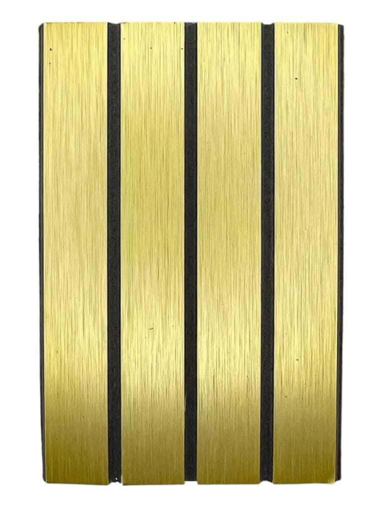 Gold wide plank tambour panel with a brushed finish and four black grooves, perfect for modern interior wall or ceiling installations. | Custom tambour and architectural wood specialists