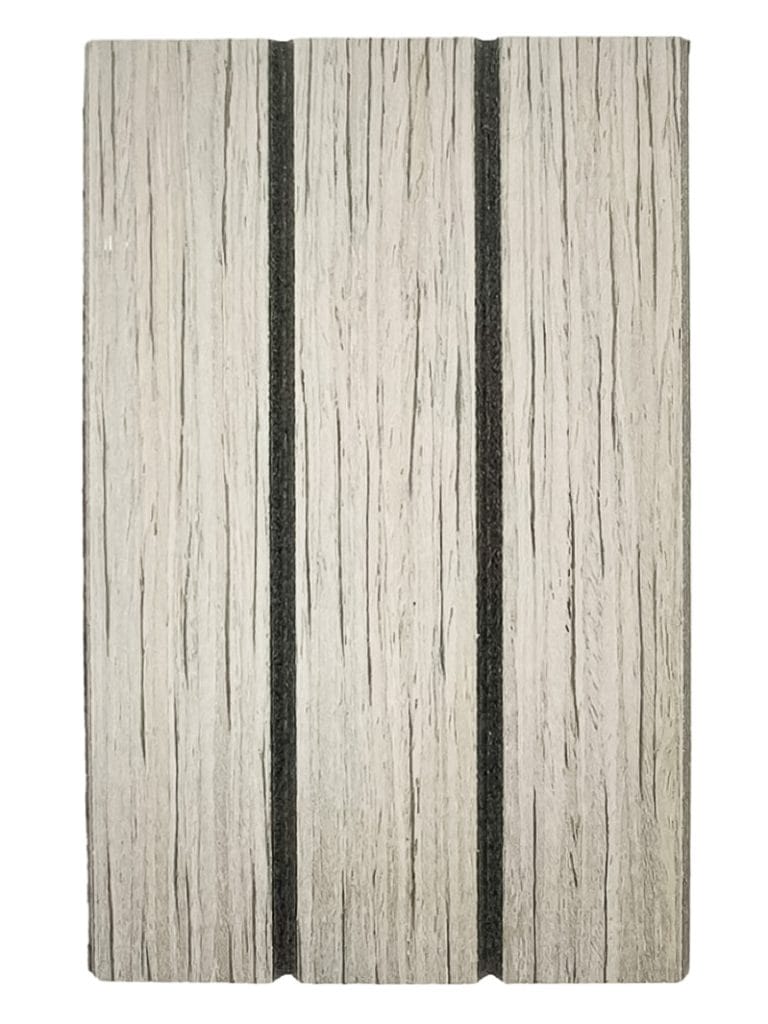 Light gray tambour wood panel with a weathered finish and three slim, black fluted stripes—perfect for modern wall applications. | Custom tambour and architectural wood specialists