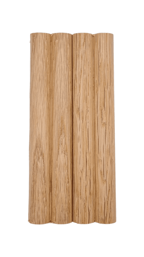 White oak tambour panels with four vertical, cylindrical wooden dowels, ideal for modern interiors. Clean white background shown. | Custom tambour and architectural wood specialists