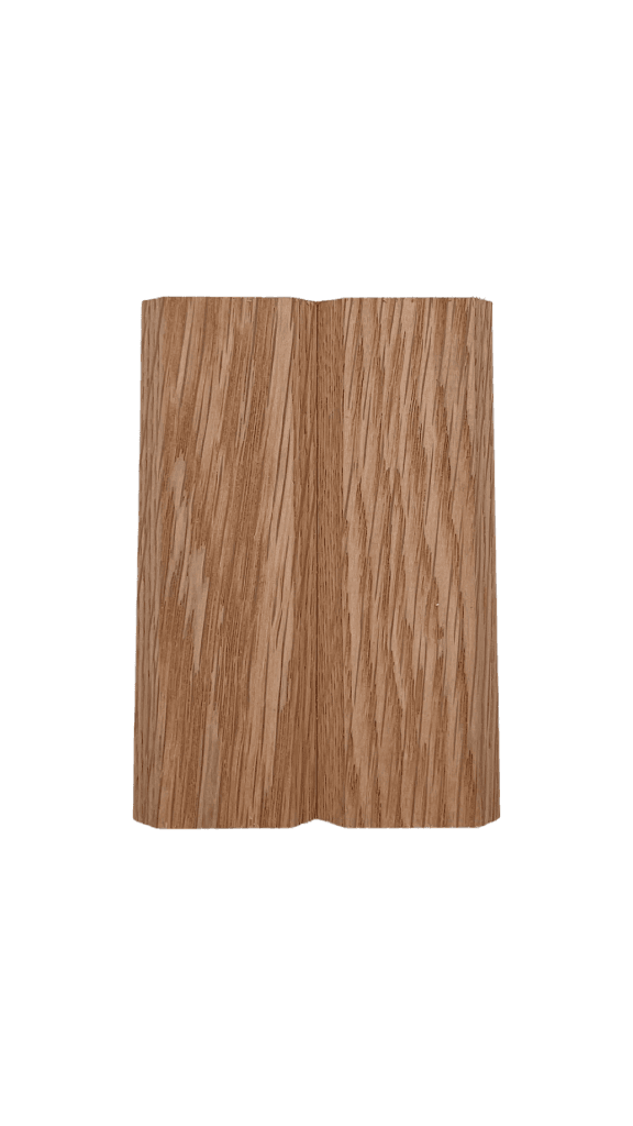 White oak tambour sample with a v-groove, natural light brown hue, wood grain detail, displayed on a plain white background. | Custom tambour and architectural wood specialists