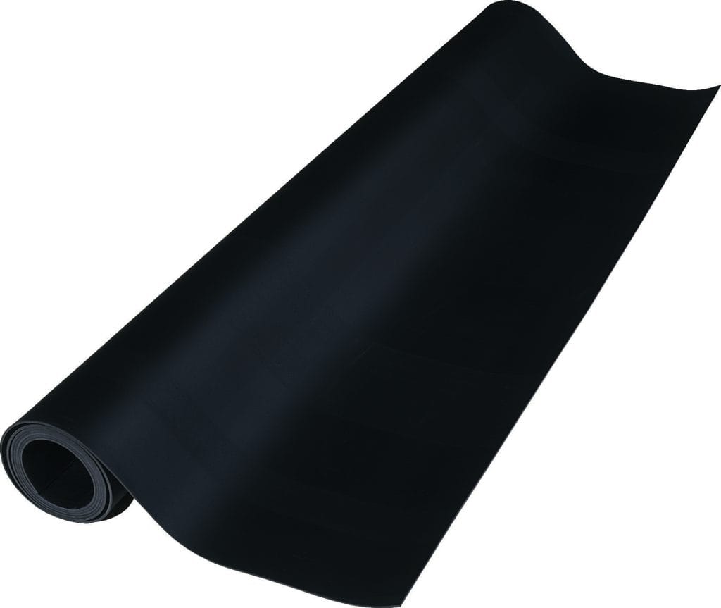 Black rubber sheet roll, partially unrolled beside Surfacing Solution tambour wood panels, showcased on a clean white background. | Custom tambour and architectural wood specialists