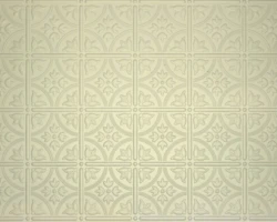 Surfacing Solution | Cream embossed ceiling tiles with geometric floral patterns, paired with tambour wood slat wall panels for a vintage accent. Surfacing Solution | Cream embossed ceiling tiles with geometric floral patterns, paired with tambour wood slat wall panels for a vintage accent.