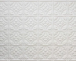 Elegant white wall panels featuring embossed geometric and floral tiles with wide plank wood accents for a refined, textured look. | Custom tambour and architectural wood specialists Elegant white wall panels featuring embossed geometric and floral tiles with wide plank wood accents for a refined, textured look. | Custom tambour and architectural wood specialists