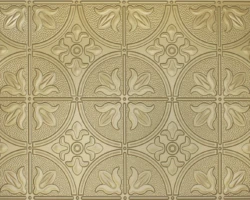 Ornate embossed gold tiles pair with flexible wood tambour panels for a vintage, decorative wall treatment from Surfacing Solution. | Custom tambour and architectural wood specialists Ornate embossed gold tiles pair with flexible wood tambour panels for a vintage, decorative wall treatment from Surfacing Solution. | Custom tambour and architectural wood specialists