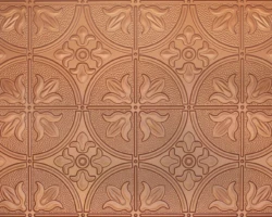Copper pressed tin ceiling tiles with floral design, paired with tambour wood wall panels for a vintage, decorative interior accent. | Custom tambour and architectural wood specialists Copper pressed tin ceiling tiles with floral design, paired with tambour wood wall panels for a vintage, decorative interior accent. | Custom tambour and architectural wood specialists