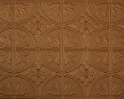 Embossed brown ceiling tiles with floral patterns complement white oak tambour wall panels for a classic, vintage-inspired space. | Custom tambour and architectural wood specialists Embossed brown ceiling tiles with floral patterns complement white oak tambour wall panels for a classic, vintage-inspired space. | Custom tambour and architectural wood specialists