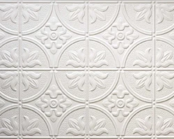 White embossed wall tiles with circles and florals, paired with tambour fluted wood panels for a stylish, textured interior design. | Custom tambour and architectural wood specialists White embossed wall tiles with circles and florals, paired with tambour fluted wood panels for a stylish, textured interior design. | Custom tambour and architectural wood specialists