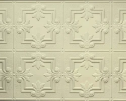 Cream-colored embossed tin ceiling tiles with floral patterns complement a tambour wood slat accent wall, perfect for elegant interiors. | Custom tambour and architectural wood specialists Cream-colored embossed tin ceiling tiles with floral patterns complement a tambour wood slat accent wall, perfect for elegant interiors. | Custom tambour and architectural wood specialists