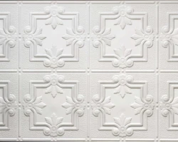 White tin ceiling tiles with geometric and floral patterns complement tambour wood panels for an elegant interior design. | Custom tambour and architectural wood specialists White tin ceiling tiles with geometric and floral patterns complement tambour wood panels for an elegant interior design. | Custom tambour and architectural wood specialists